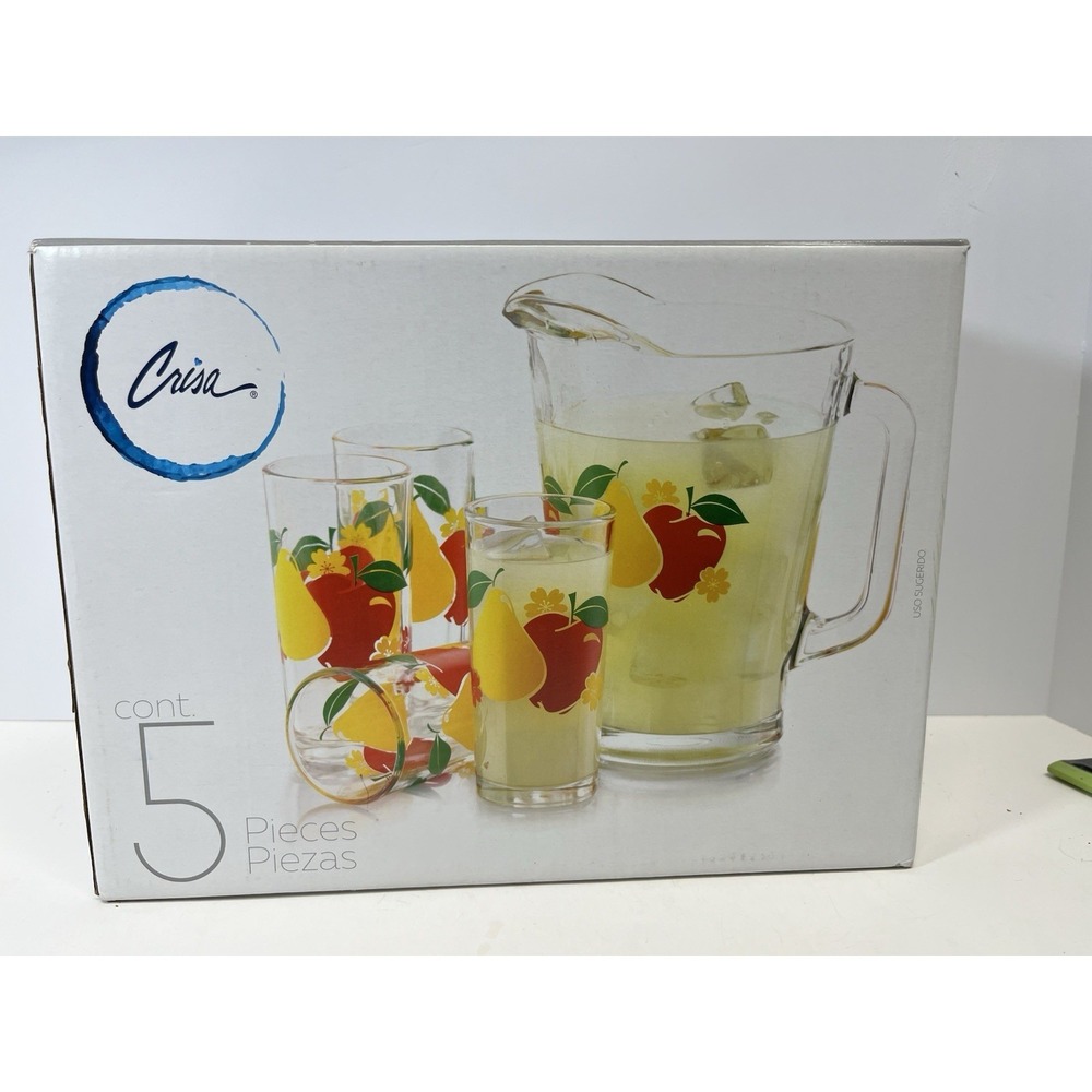 Crisa Glass Pitcher and Tumbler Set 7 Pc New Open Box Fruit Apples Pears Boxed